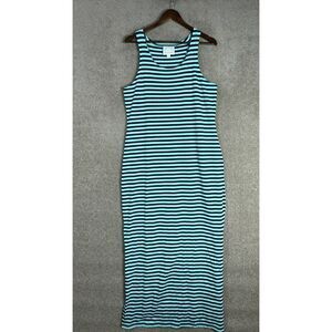 STS Sail to Sable Maxi Dress Size Medium Green/Navy Striped Racerback Side Slits